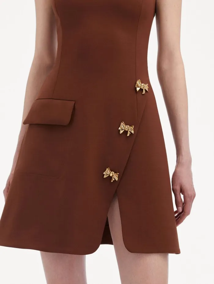 Oscar De La Renta Bow Button Split Skirt Dress Cocoa Women Dresses Oscar De La Renta Bow Button Split Skirt Dress Cocoa Women Dresses
