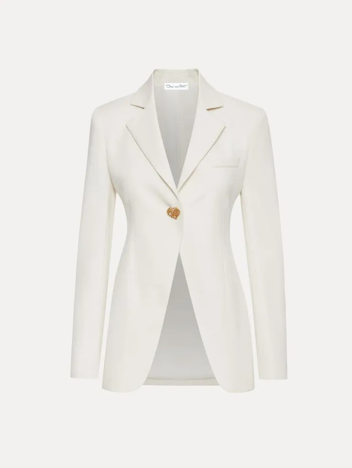 Oscar De La Renta Button Detail SingleBreasted Blazer Ivory Women Jackets and Coats