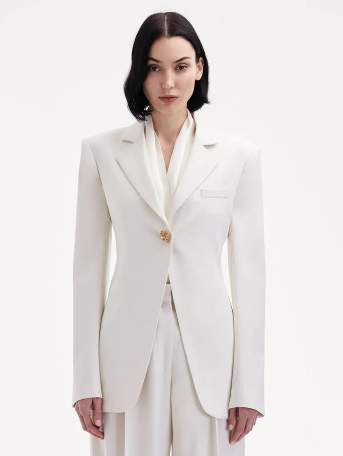 Oscar De La Renta Button Detail SingleBreasted Blazer Ivory Women Jackets and Coats Oscar De La Renta Button Detail SingleBreasted Blazer Ivory Women Jackets and Coats
