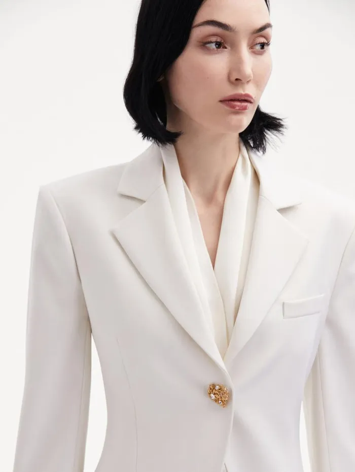 Oscar De La Renta Button Detail SingleBreasted Blazer Ivory Women Jackets and Coats Oscar De La Renta Button Detail SingleBreasted Blazer Ivory Women Jackets and Coats