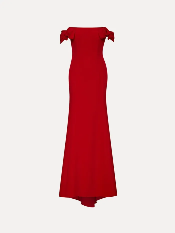 Oscar De La Renta Cady Off Shoulder Peasante Gown Crimson Women Gowns and Caftans