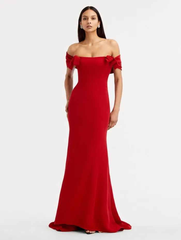 Oscar De La Renta Cady Off Shoulder Peasante Gown Crimson Women Gowns and Caftans Oscar De La Renta Cady Off Shoulder Peasante Gown Crimson Women Gowns and Caftans