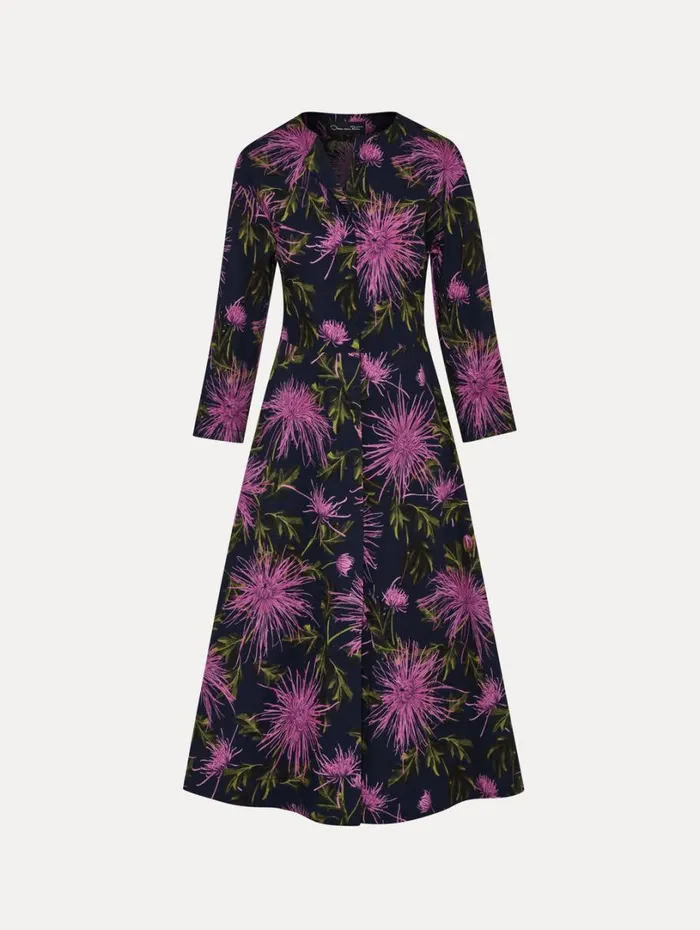 Oscar De La Renta Chrysanthemum Cotton Poplin Dress Purple Navy Women Dresses