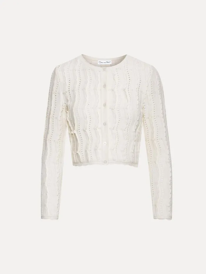 Oscar De La Renta Cropped Wave Knit Cardigan Ivory Women Blouses and Knits