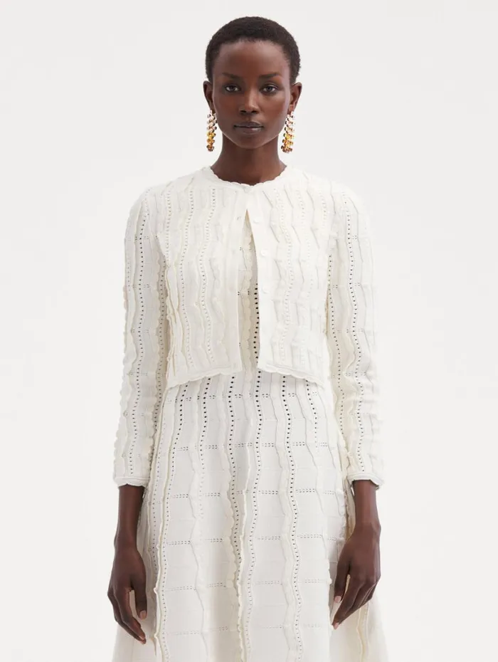 Oscar De La Renta Cropped Wave Knit Cardigan Ivory Women Blouses and Knits
