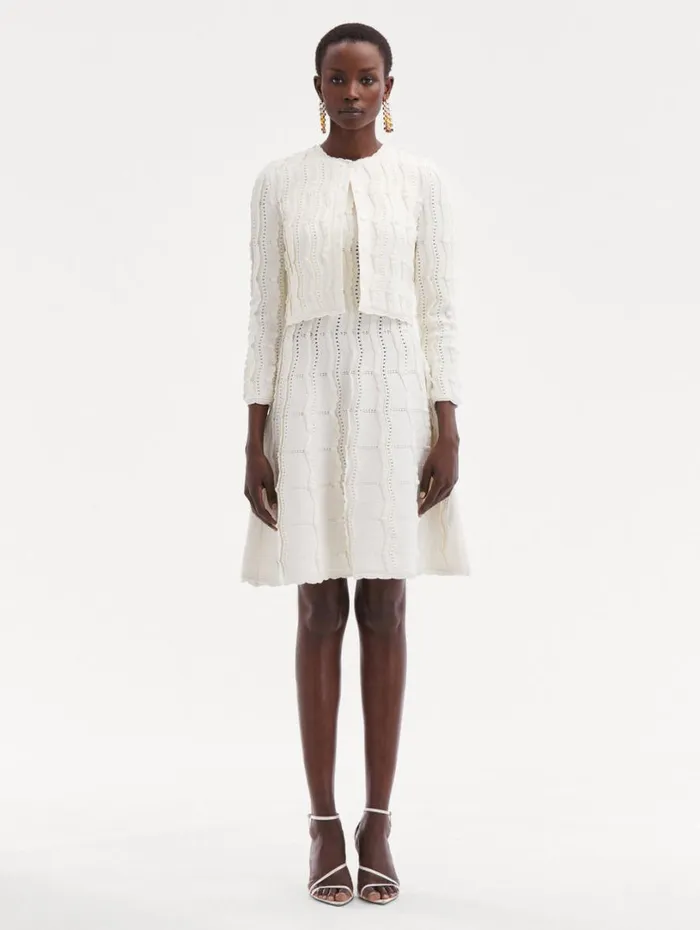 Oscar De La Renta Cropped Wave Knit Cardigan Ivory Women Blouses and Knits