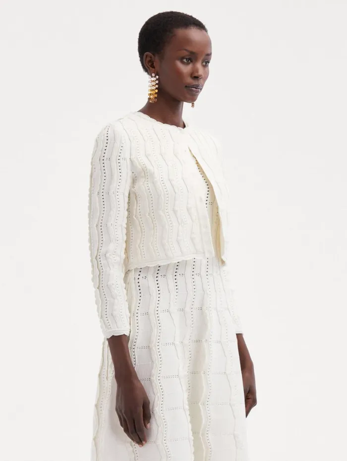Oscar De La Renta Cropped Wave Knit Cardigan Ivory Women Blouses and Knits