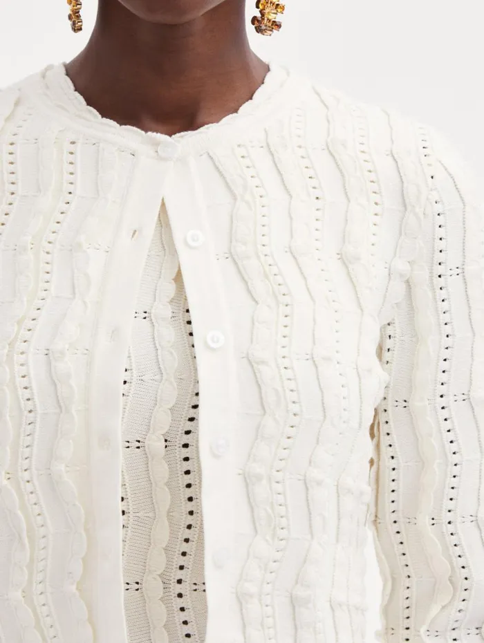 Oscar De La Renta Cropped Wave Knit Cardigan Ivory Women Blouses and Knits