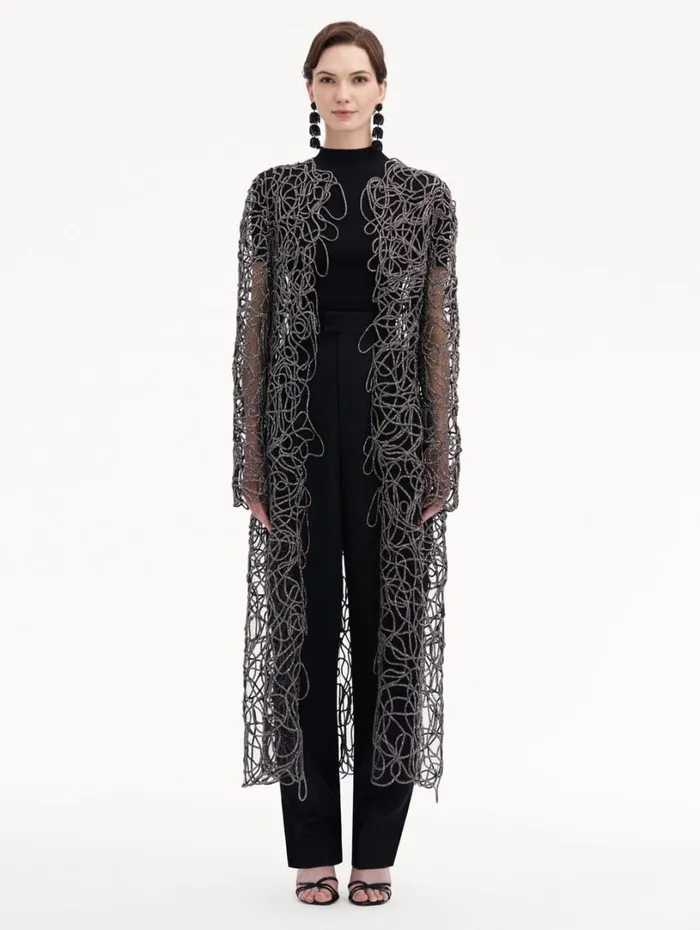 Oscar De La Renta Crystal Embroidered Cord Coat Black Women Jackets and Coats