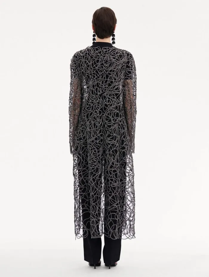 Oscar De La Renta Crystal Embroidered Cord Coat Black Women Jackets and Coats