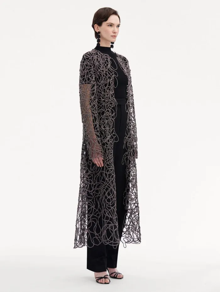 Oscar De La Renta Crystal Embroidered Cord Coat Black Women Jackets and Coats