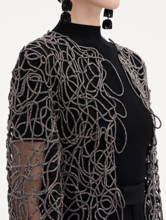 Oscar De La Renta Crystal Embroidered Cord Coat Black Women Jackets and Coats