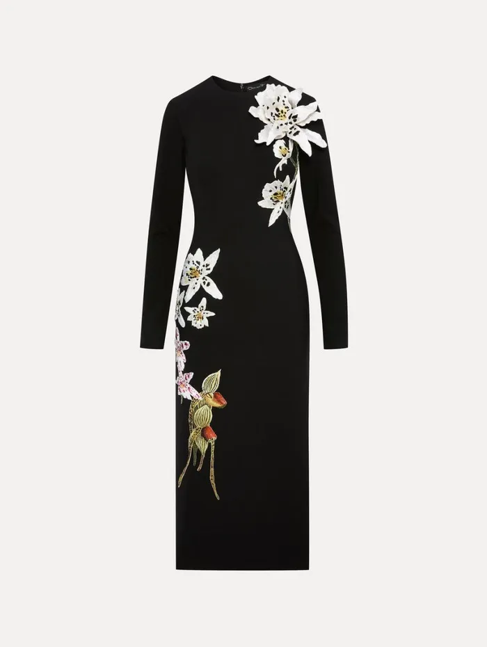 Oscar De La Renta Crystal Orchid Threadwork Dress Black Women Dresses