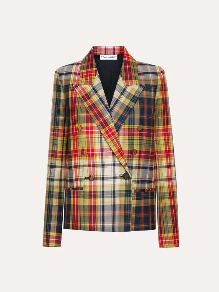 Oscar De La Renta Double Breasted Plaid Jacket Navy Multi Women Jackets and Coats
