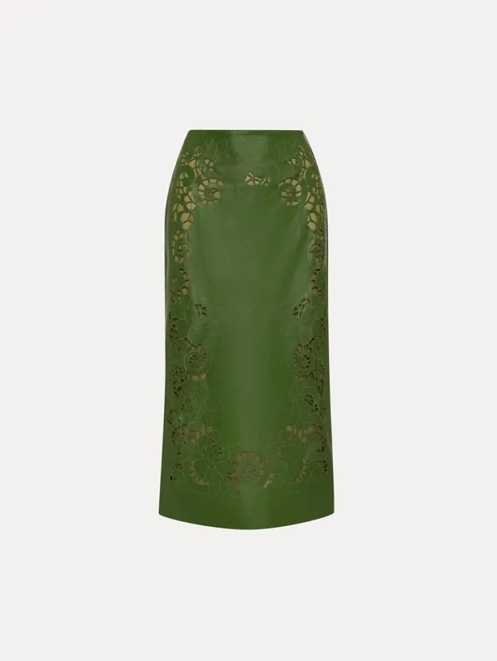 Oscar De La Renta Laser Cut Floral Leather Pencil Skirt Fern Women Pants and Skirts