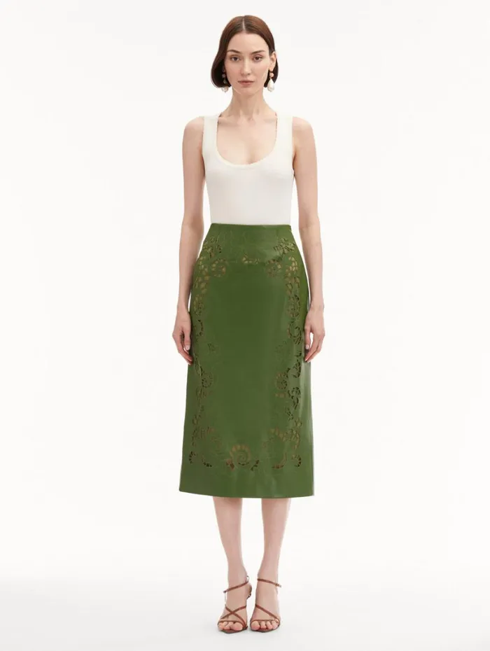 Oscar De La Renta Laser Cut Floral Leather Pencil Skirt Fern Women Pants and Skirts Oscar De La Renta Laser Cut Floral Leather Pencil Skirt Fern Women Pants and Skirts