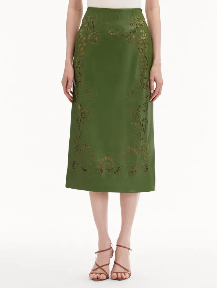 Oscar De La Renta Laser Cut Floral Leather Pencil Skirt Fern Women Pants and Skirts Oscar De La Renta Laser Cut Floral Leather Pencil Skirt Fern Women Pants and Skirts