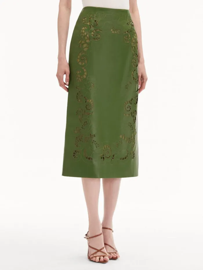 Oscar De La Renta Laser Cut Floral Leather Pencil Skirt Fern Women Pants and Skirts Oscar De La Renta Laser Cut Floral Leather Pencil Skirt Fern Women Pants and Skirts