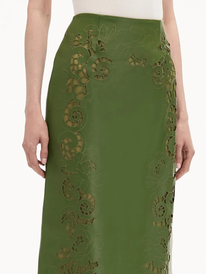 Oscar De La Renta Laser Cut Floral Leather Pencil Skirt Fern Women Pants and Skirts Oscar De La Renta Laser Cut Floral Leather Pencil Skirt Fern Women Pants and Skirts