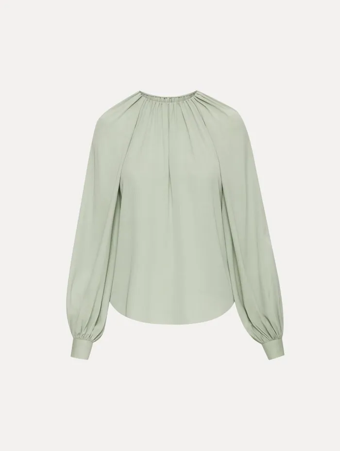 Oscar De La Renta Long Sleeve Georgette Blouse Eucalyptus Women Blouses and Knits