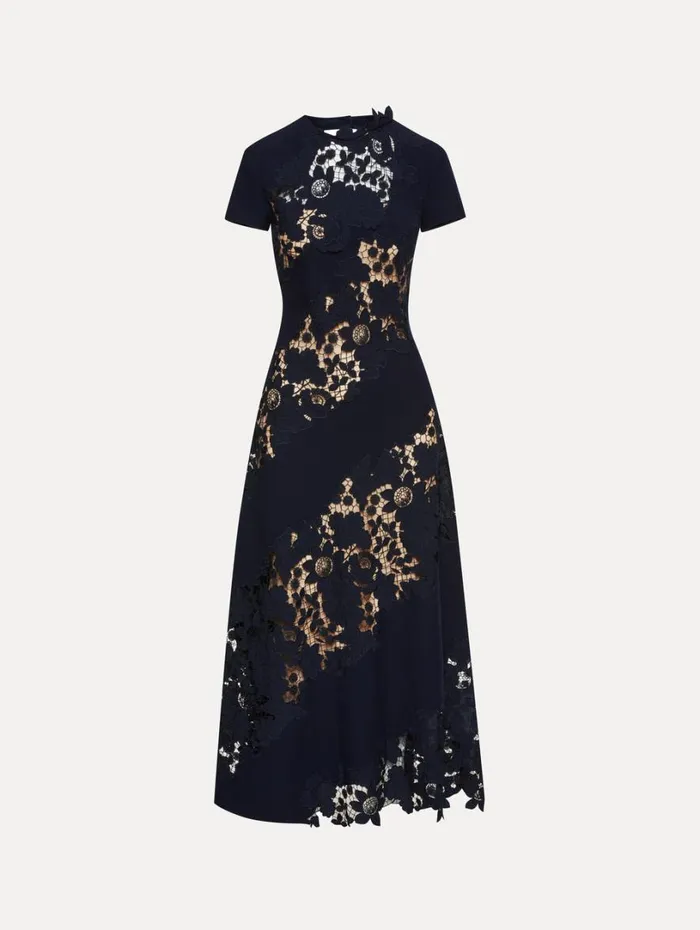Oscar De La Renta Mixed Botanical Guipure Inset Midi Dress Navy Women Dresses