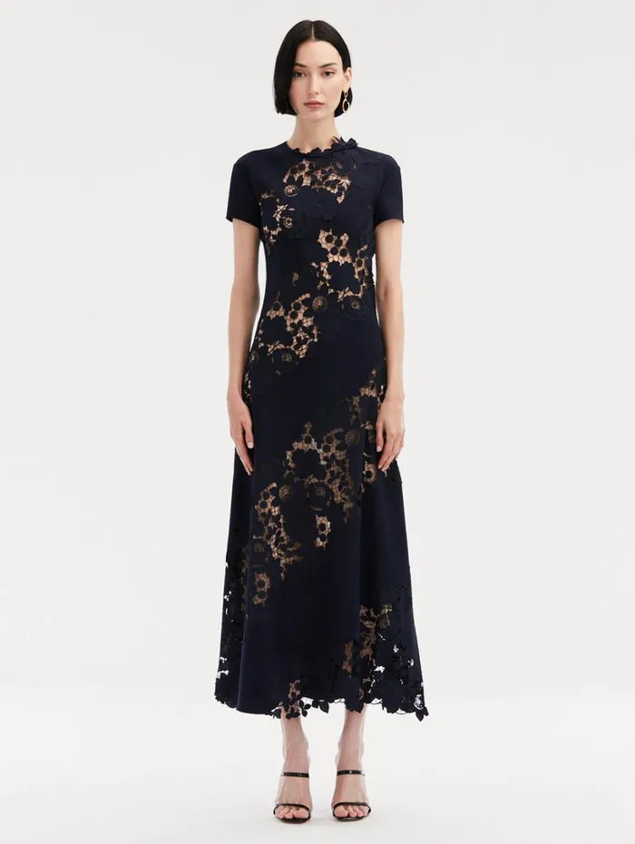 Oscar De La Renta Mixed Botanical Guipure Inset Midi Dress Navy Women Dresses