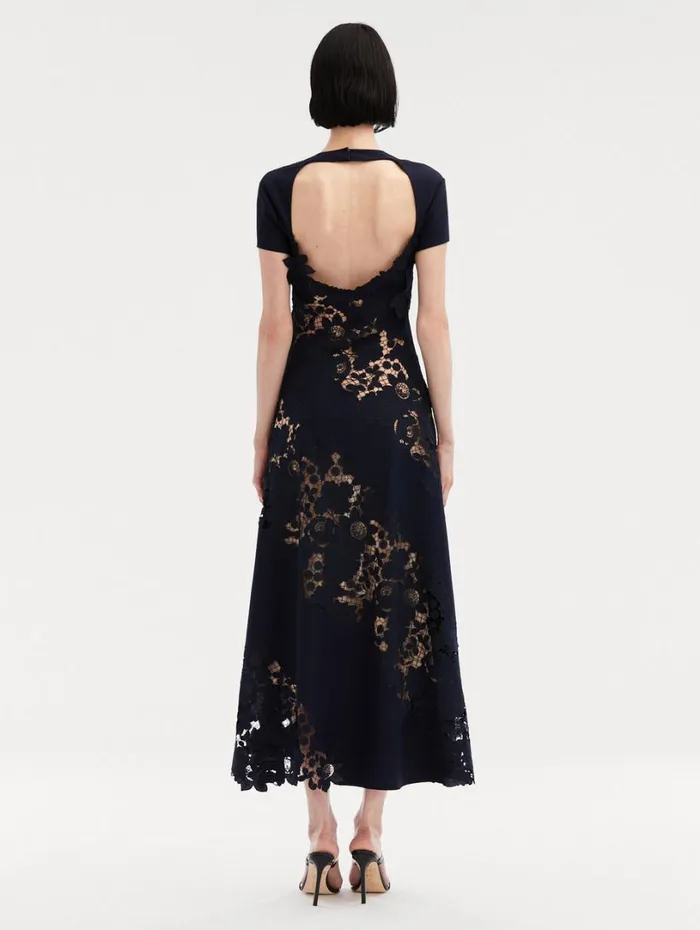 Oscar De La Renta Mixed Botanical Guipure Inset Midi Dress Navy Women Dresses