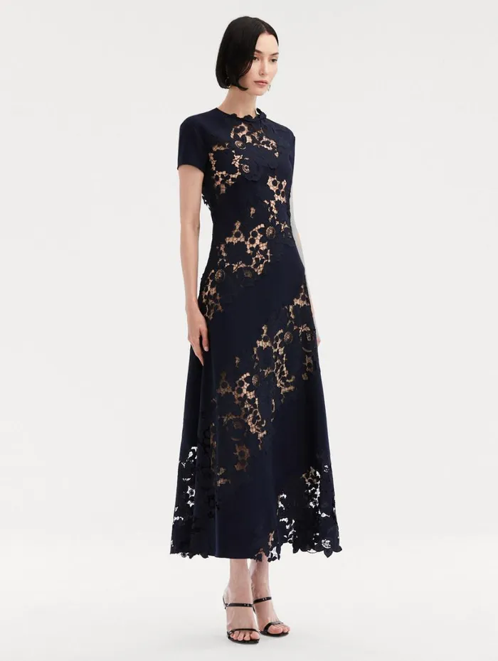 Oscar De La Renta Mixed Botanical Guipure Inset Midi Dress Navy Women Dresses