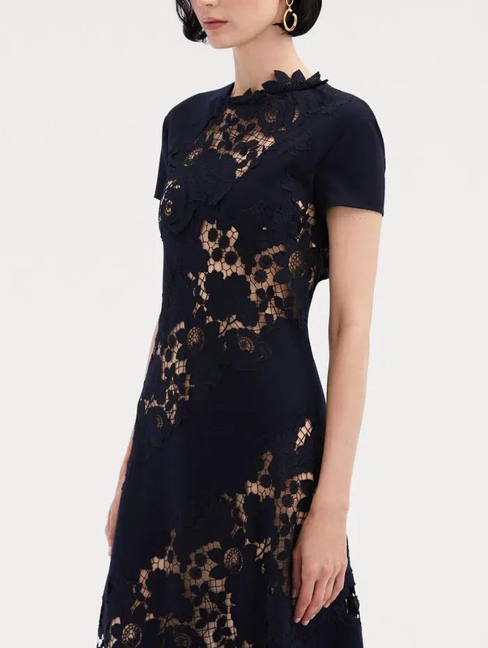 Oscar De La Renta Mixed Botanical Guipure Inset Midi Dress Navy Women Dresses