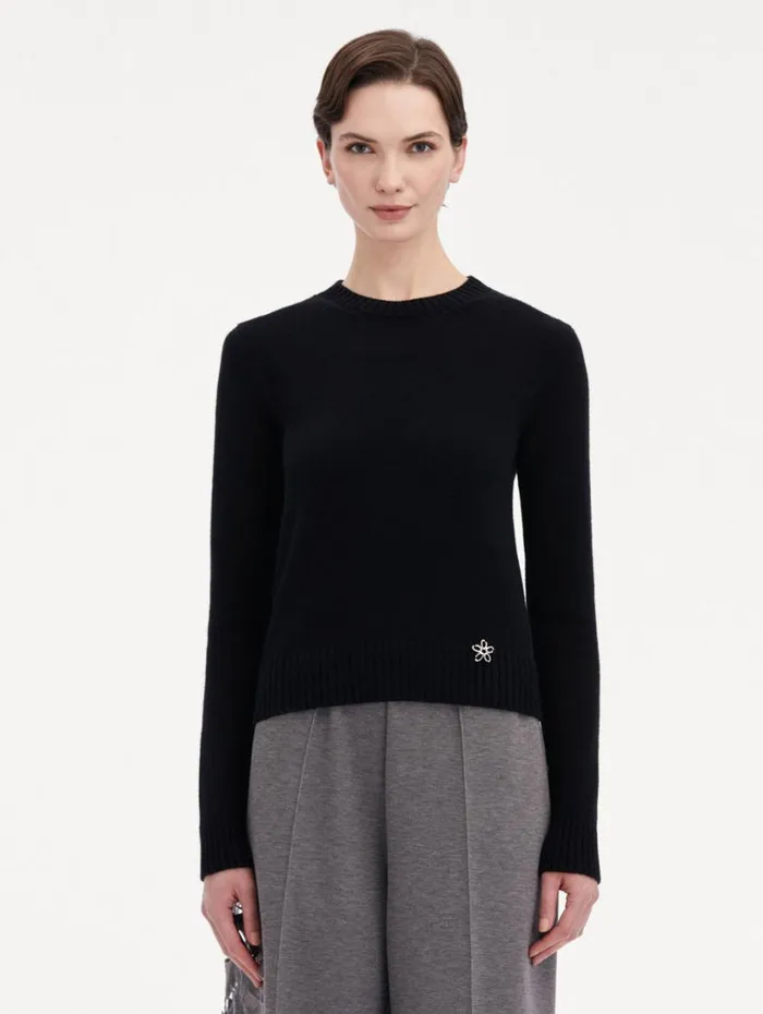 Oscar De La Renta O Flower Cashmere Pullover Black Women Blouses and Knits