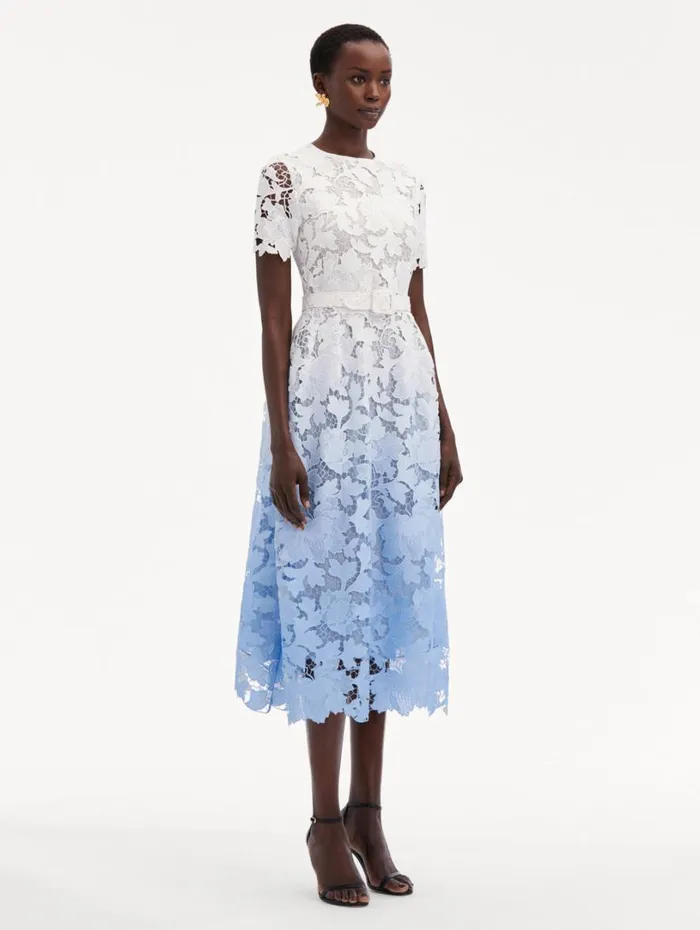 Oscar De La Renta Ombr Peony Guipure Dress Soft Blue Women Dresses