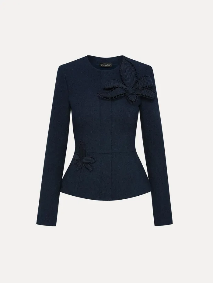 Oscar De La Renta Orchid Embroidered Tweed Jacket Navy Women Jackets and Coats
