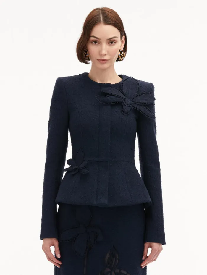 Oscar De La Renta Orchid Embroidered Tweed Jacket Navy Women Jackets and Coats Oscar De La Renta Orchid Embroidered Tweed Jacket Navy Women Jackets and Coats