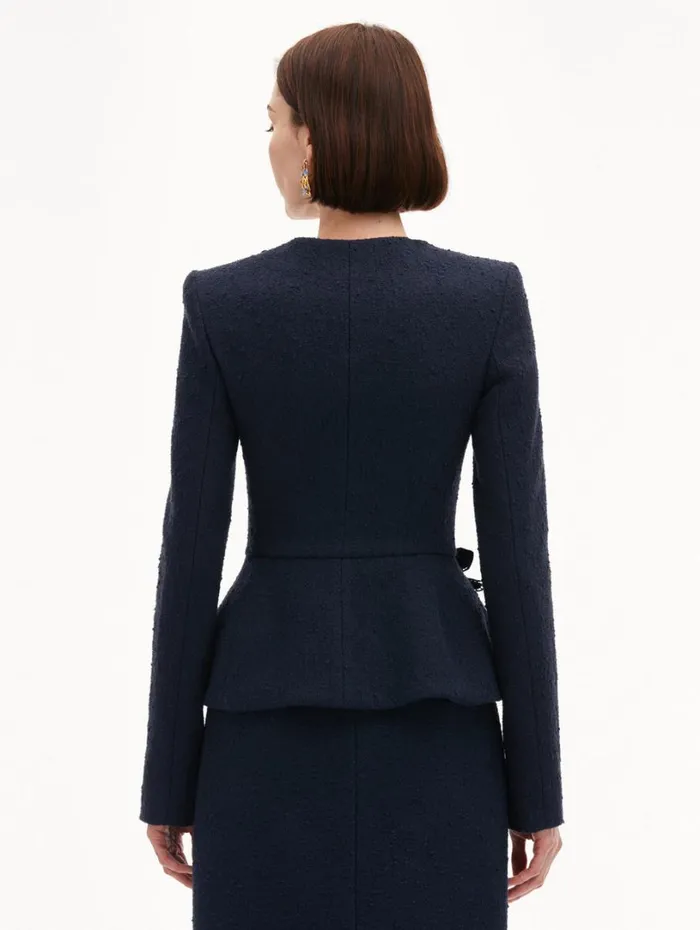Oscar De La Renta Orchid Embroidered Tweed Jacket Navy Women Jackets and Coats Oscar De La Renta Orchid Embroidered Tweed Jacket Navy Women Jackets and Coats