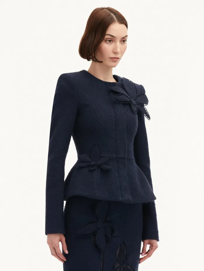 Oscar De La Renta Orchid Embroidered Tweed Jacket Navy Women Jackets and Coats Oscar De La Renta Orchid Embroidered Tweed Jacket Navy Women Jackets and Coats
