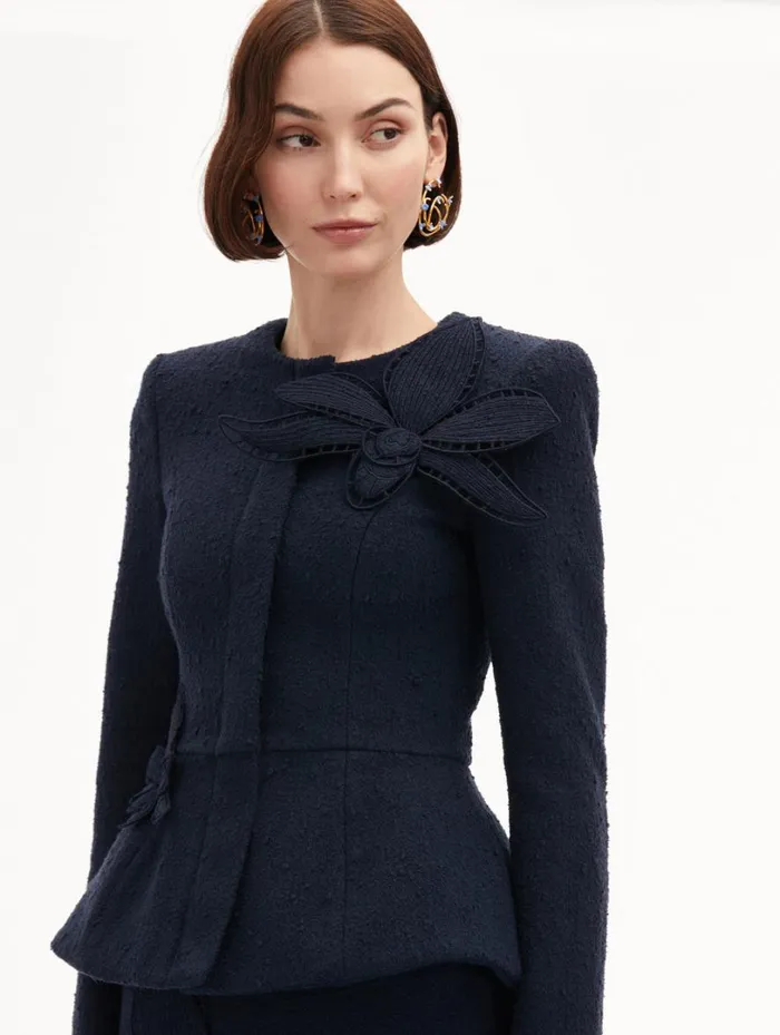 Oscar De La Renta Orchid Embroidered Tweed Jacket Navy Women Jackets and Coats Oscar De La Renta Orchid Embroidered Tweed Jacket Navy Women Jackets and Coats