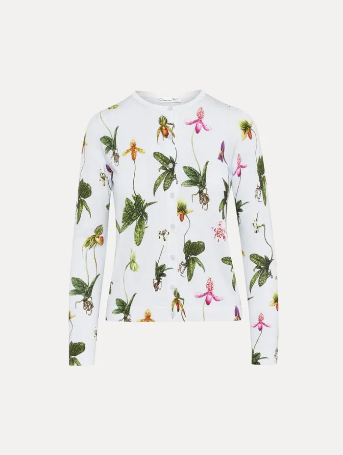 Oscar De La Renta Orchid Printed Cardigan Light Blue Multi Women Blouses and Knits