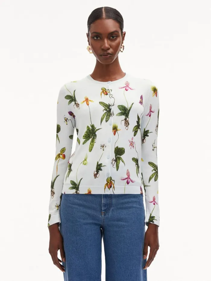 Oscar De La Renta Orchid Printed Cardigan Light Blue Multi Women Blouses and Knits Oscar De La Renta Orchid Printed Cardigan Light Blue Multi Women Blouses and Knits
