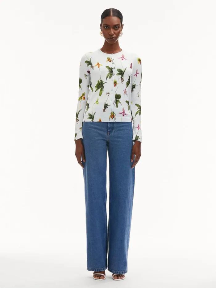 Oscar De La Renta Orchid Printed Cardigan Light Blue Multi Women Blouses and Knits Oscar De La Renta Orchid Printed Cardigan Light Blue Multi Women Blouses and Knits