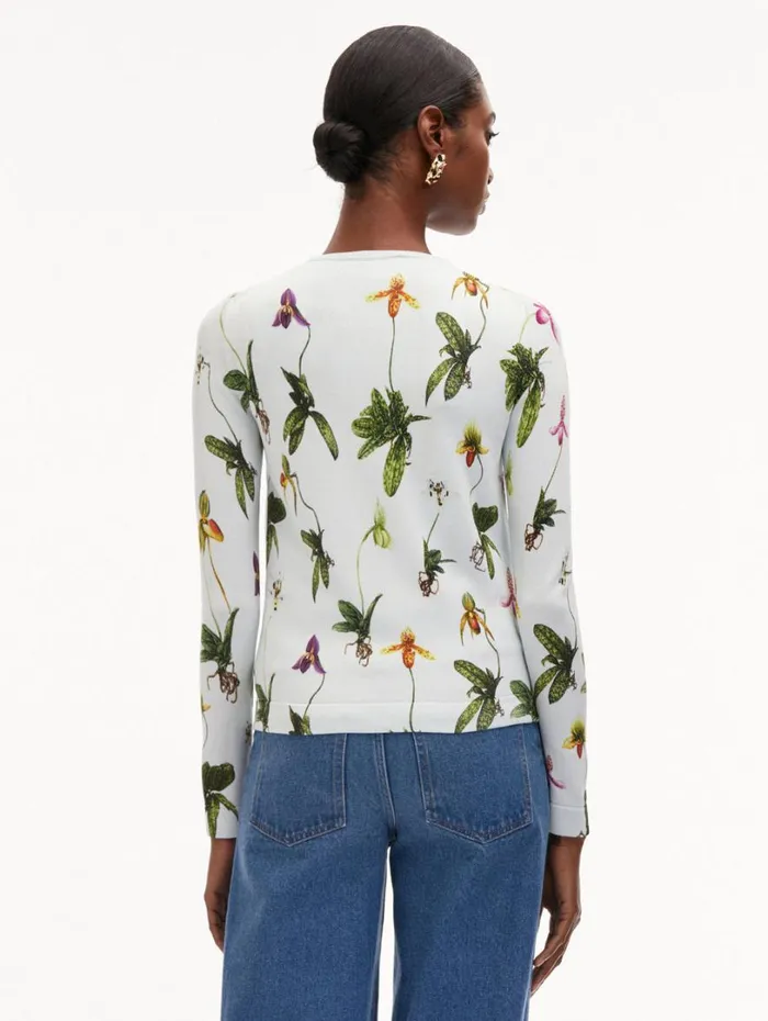 Oscar De La Renta Orchid Printed Cardigan Light Blue Multi Women Blouses and Knits Oscar De La Renta Orchid Printed Cardigan Light Blue Multi Women Blouses and Knits