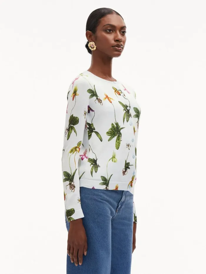 Oscar De La Renta Orchid Printed Cardigan Light Blue Multi Women Blouses and Knits Oscar De La Renta Orchid Printed Cardigan Light Blue Multi Women Blouses and Knits