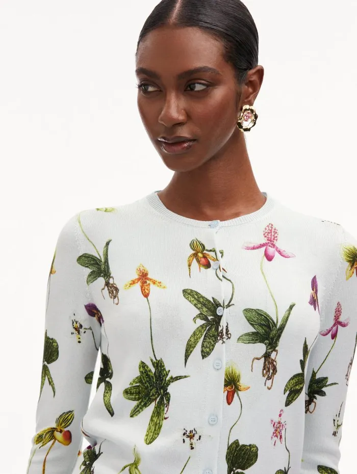 Oscar De La Renta Orchid Printed Cardigan Light Blue Multi Women Blouses and Knits Oscar De La Renta Orchid Printed Cardigan Light Blue Multi Women Blouses and Knits
