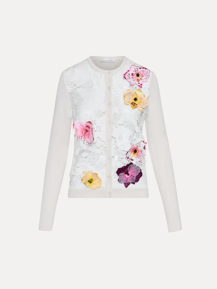 Oscar De La Renta Orchid Threadwork Inset Cardigan White Multi Women Blouses and Knits