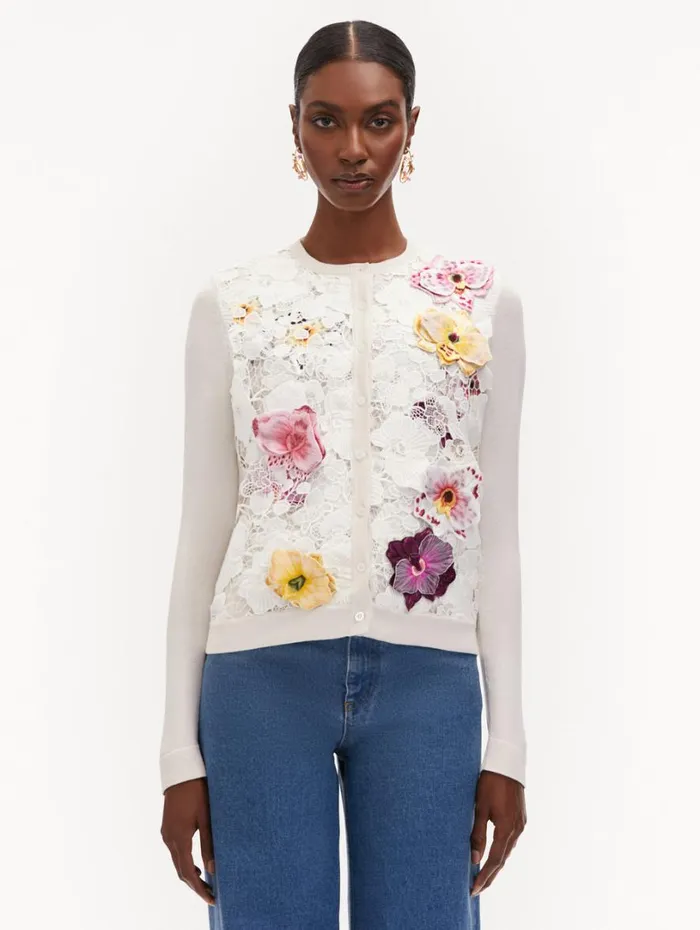 Oscar De La Renta Orchid Threadwork Inset Cardigan White Multi Women Blouses and Knits Oscar De La Renta Orchid Threadwork Inset Cardigan White Multi Women Blouses and Knits