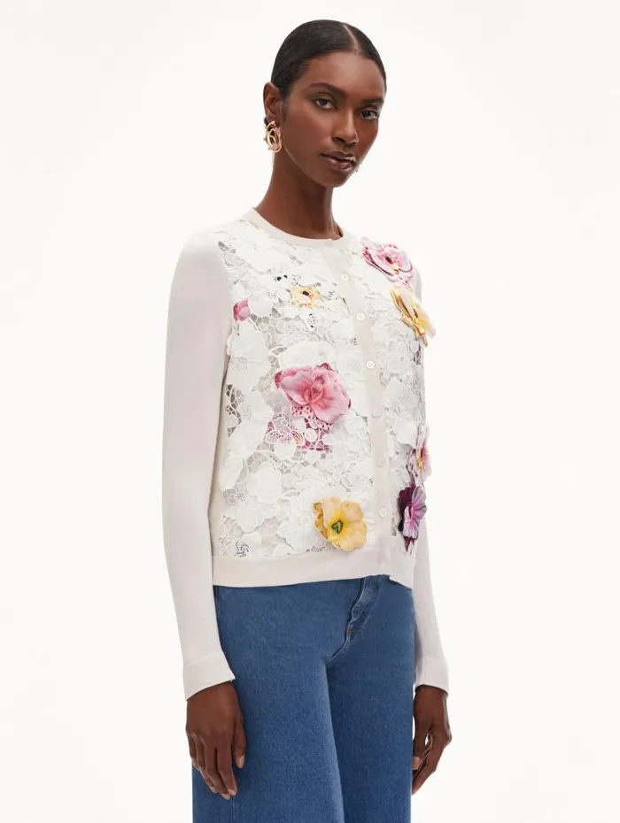 Oscar De La Renta Orchid Threadwork Inset Cardigan White Multi Women Blouses and Knits Oscar De La Renta Orchid Threadwork Inset Cardigan White Multi Women Blouses and Knits
