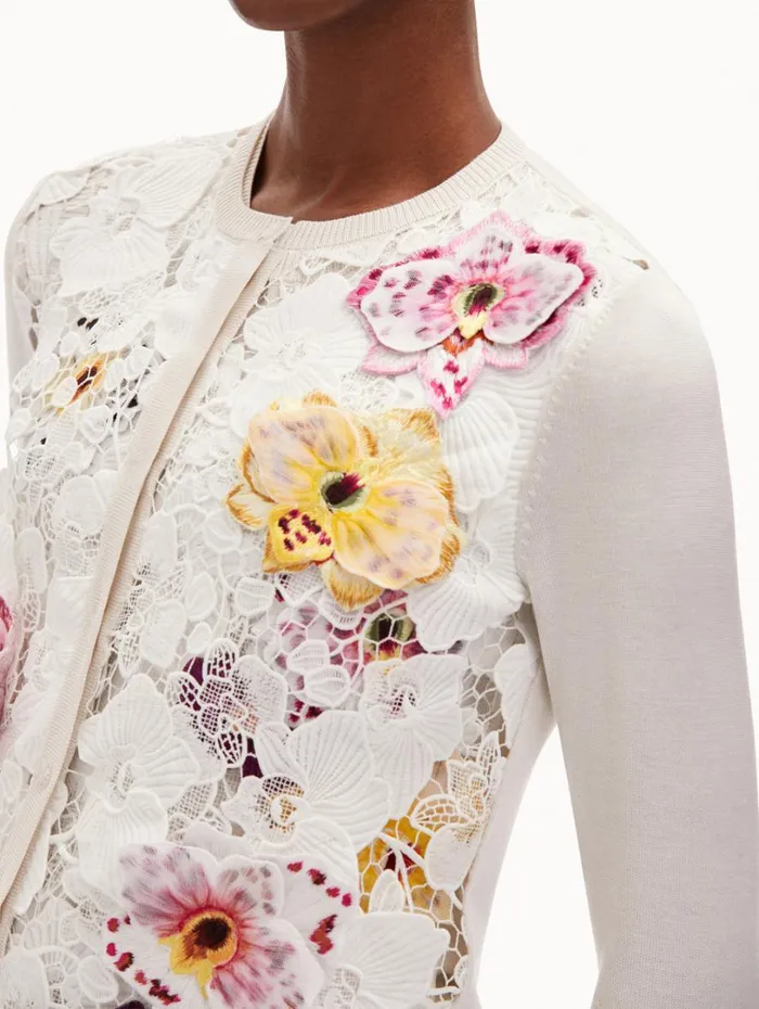 Oscar De La Renta Orchid Threadwork Inset Cardigan White Multi Women Blouses and Knits Oscar De La Renta Orchid Threadwork Inset Cardigan White Multi Women Blouses and Knits