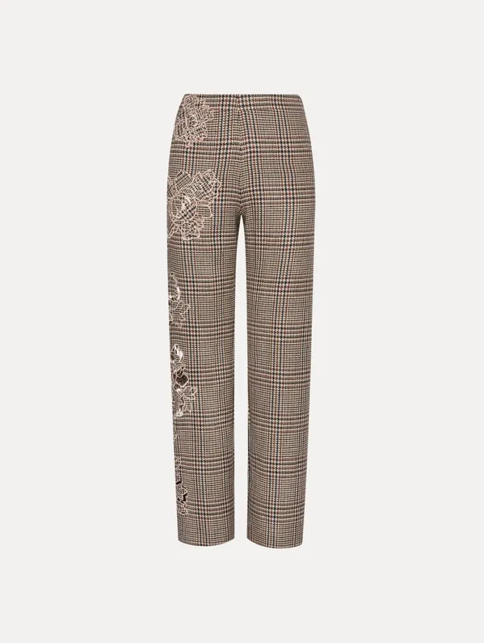Oscar De La Renta Peony Guipure Appliqu Plaid Pant Cocoa Multi Women Pants and Skirts
