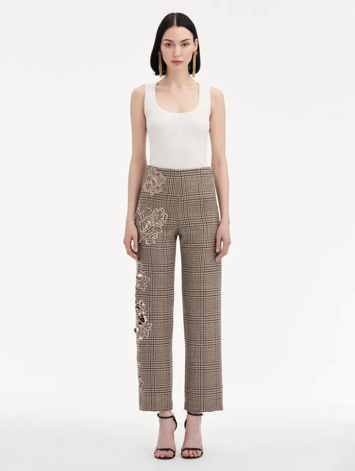 Oscar De La Renta Peony Guipure Appliqu Plaid Pant Cocoa Multi Women Pants and Skirts