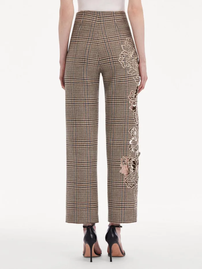 Oscar De La Renta Peony Guipure Appliqu Plaid Pant Cocoa Multi Women Pants and Skirts