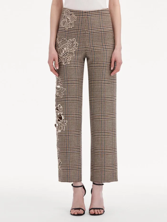 Oscar De La Renta Peony Guipure Appliqu Plaid Pant Cocoa Multi Women Pants and Skirts